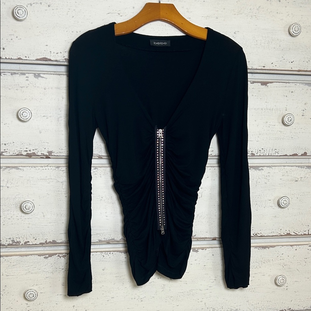 Bebe Y2K Ruched Rhinestone Zip Front Top Black Fitted Going Out Clubwear